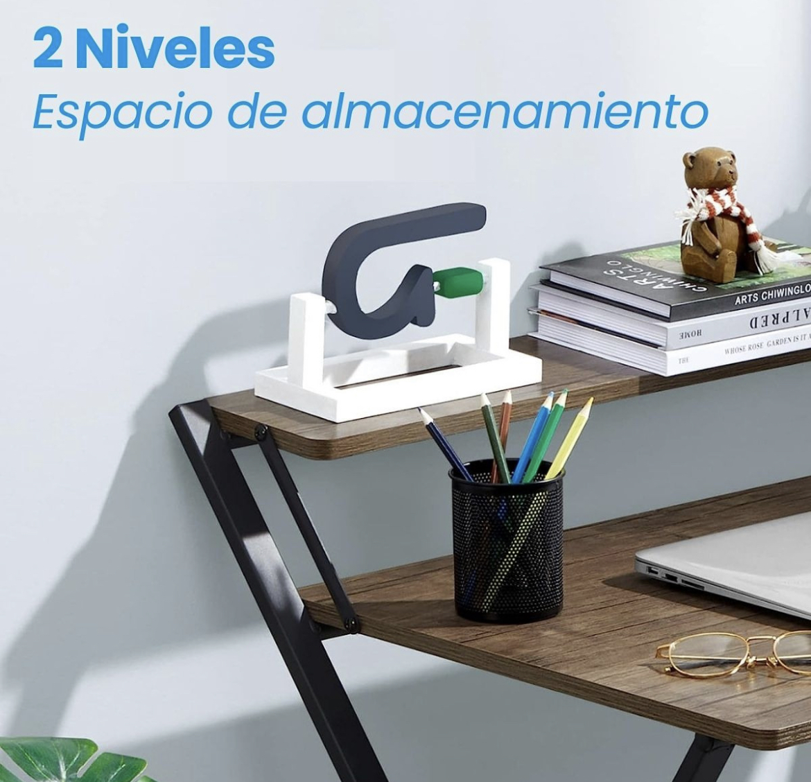 Escritorio De Oficina Plegable 2 Niveles Con Estante Megan Color Marrón