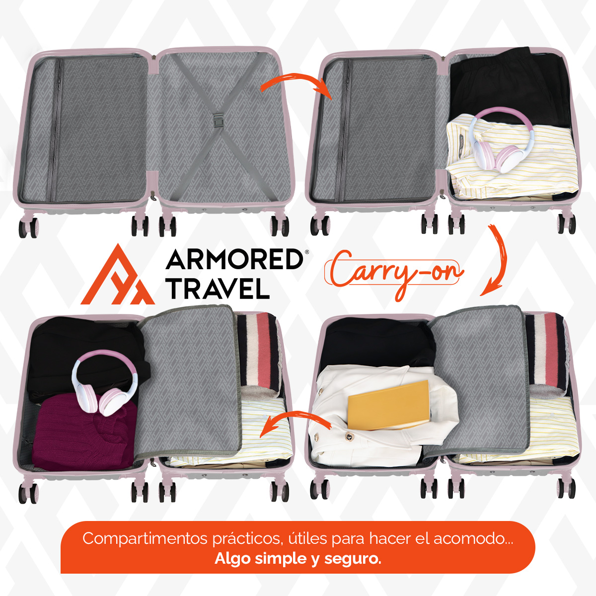 Maleta De Viaje Rígida Carry On De Mano Cabina Rosa 20 Pulgadas 10 Kg ABS doble refuerzo Con Candado Alta Seguridad Tsa Lock Armored Travel