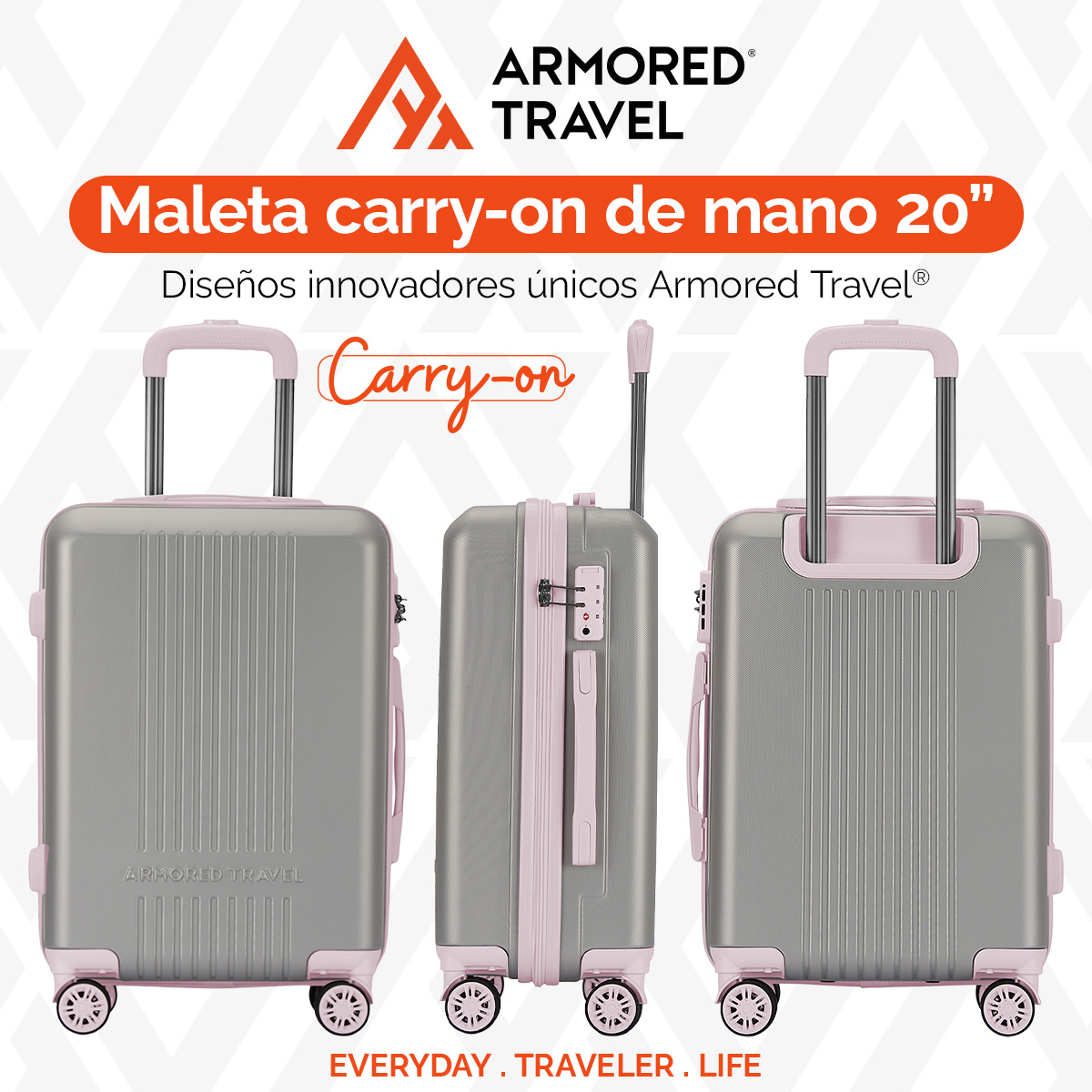 Maleta De Viaje Rígida Carry On De Mano Cabina Rosa 20 Pulgadas 10 Kg ABS doble refuerzo Con Candado Alta Seguridad Tsa Lock Armored Travel