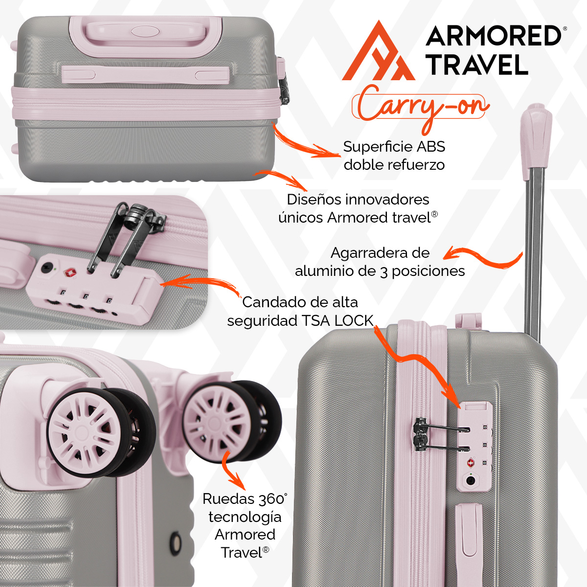 Maleta De Viaje Rígida Carry On De Mano Cabina Rosa 20 Pulgadas 10 Kg ABS doble refuerzo Con Candado Alta Seguridad Tsa Lock Armored Travel