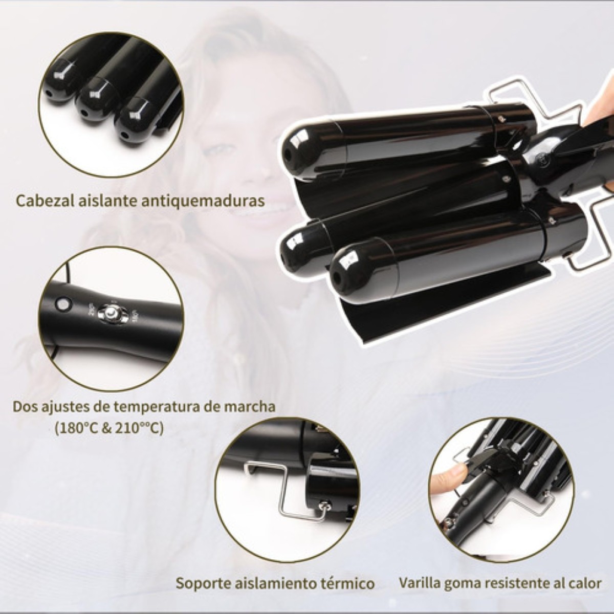 "Tenaza Rizadora Cabello Para Ondas Temperatura Ajustable negra "