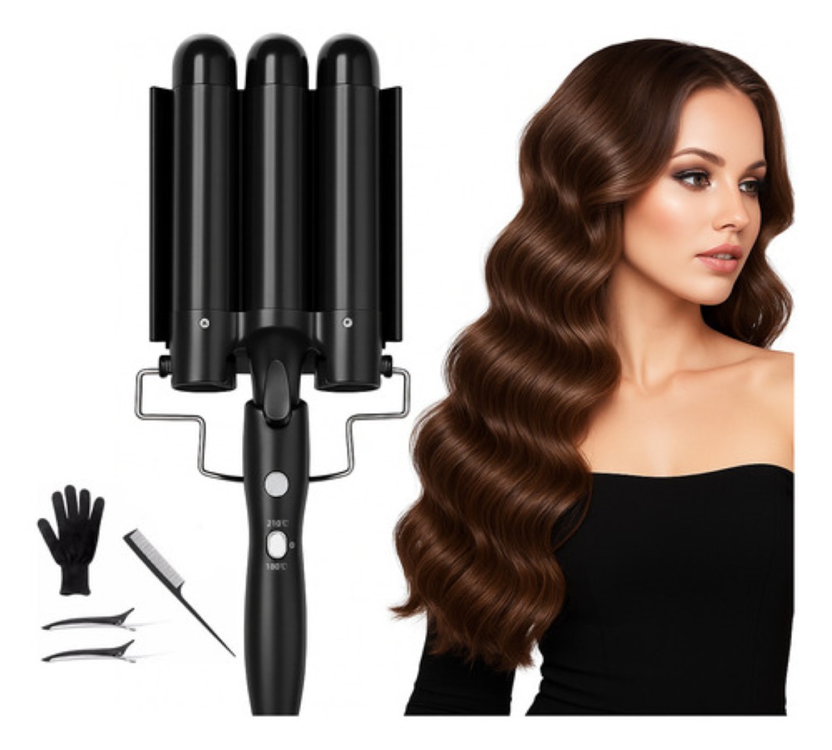 "Tenaza Rizadora Cabello Para Ondas Temperatura Ajustable negra "