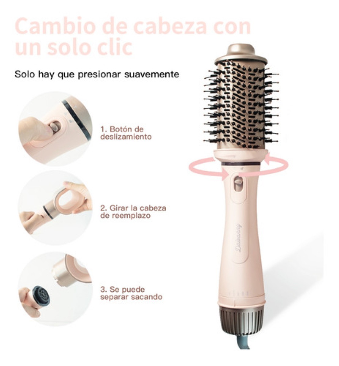 "Cepillo Alaciador/rizador Y Secador De 4 En 1 Cepillo Secado rosa claro  "