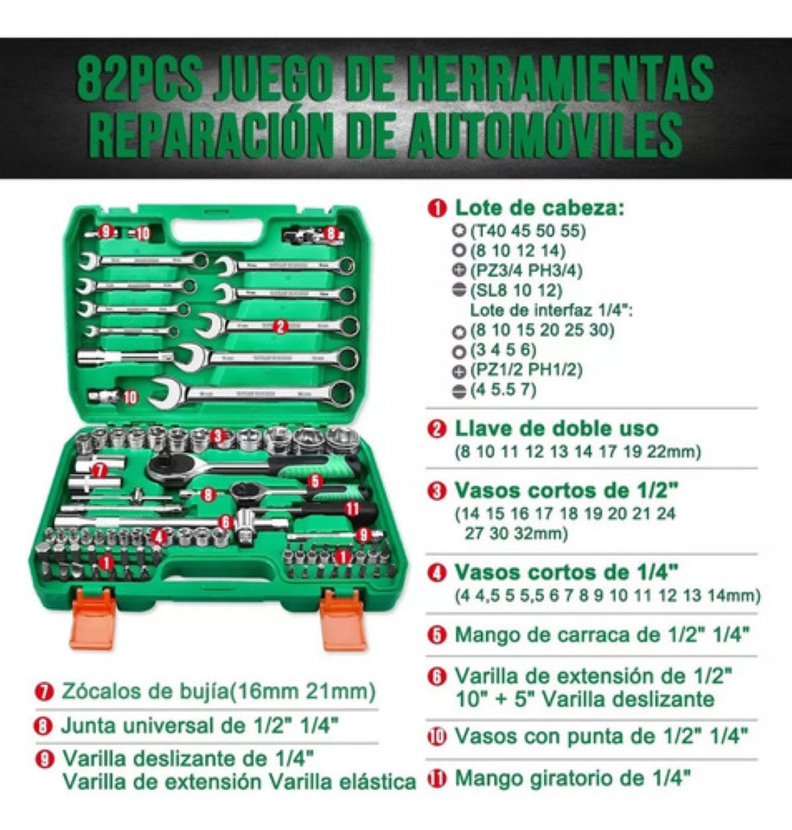 "Juego De Herramientas Reparación Automóviles Shawty 82pzs Estuche verde "