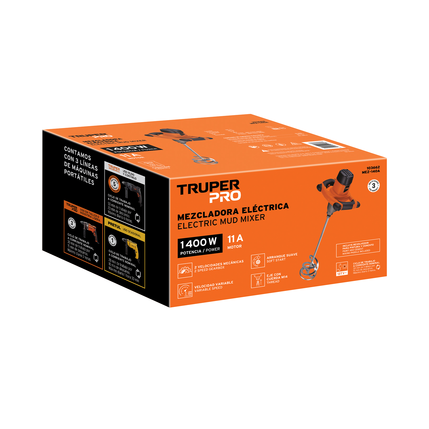 Mezcladora eléctrica 1400W, TRUPER PRO Para mezclar materiales de alta viscosidad, pintura, mortero, cemento y pastas adhesivas