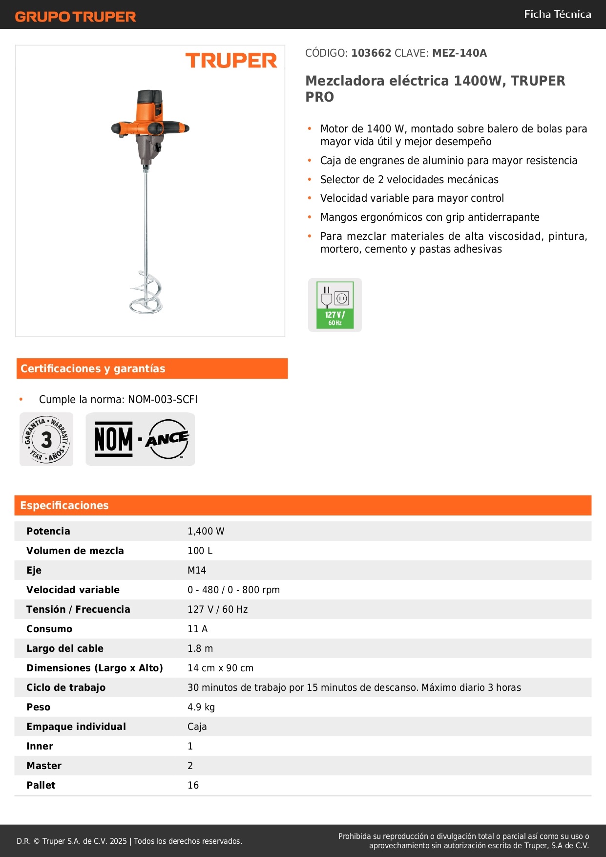 Mezcladora eléctrica 1400W, TRUPER PRO Para mezclar materiales de alta viscosidad, pintura, mortero, cemento y pastas adhesivas