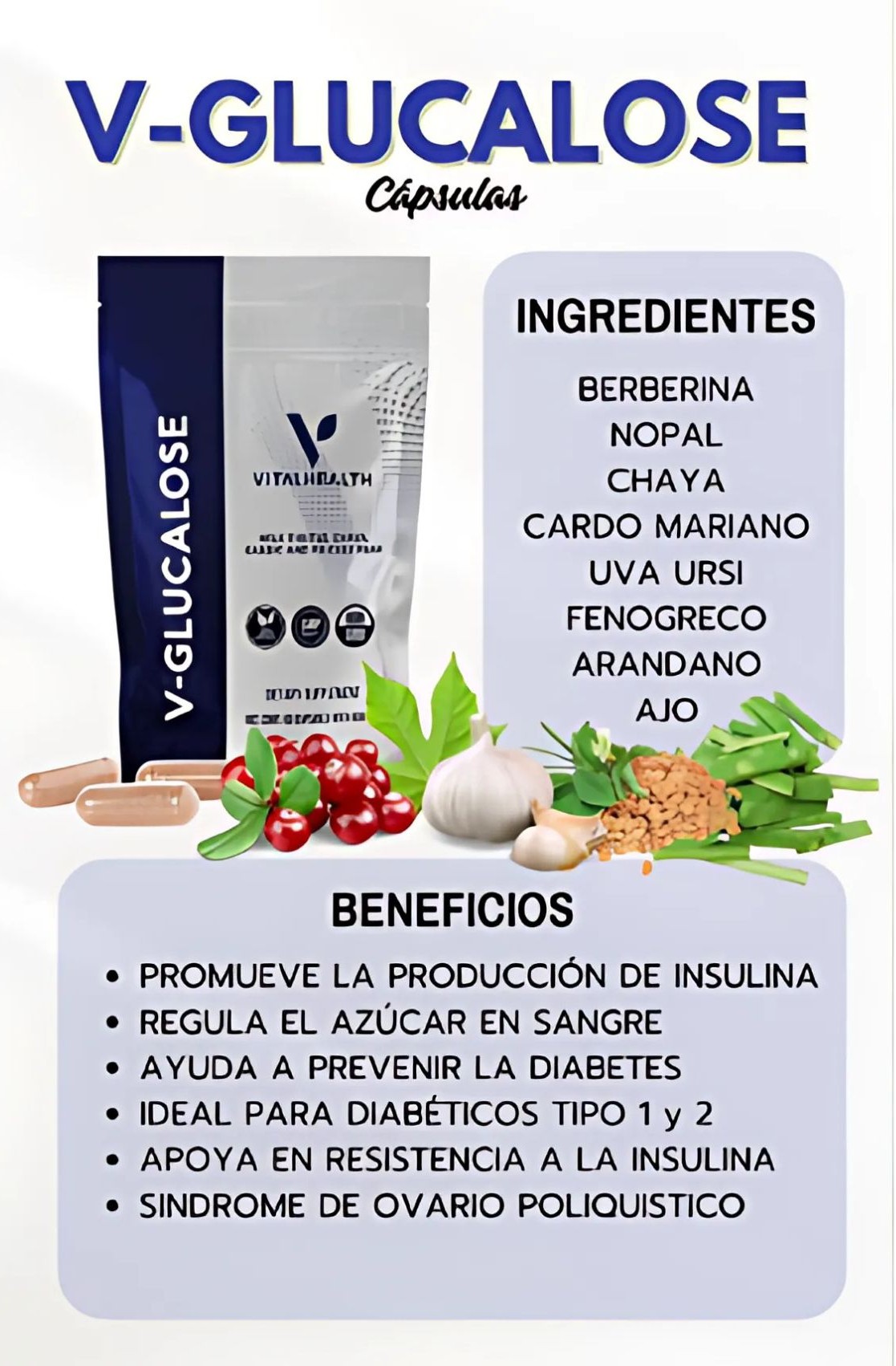 V-Glucalose VitalHealth 60 Cápsulas | Suplemento Natural Control de Azúcar, Insulina y Metabolismo | No GMO, 100% Natural