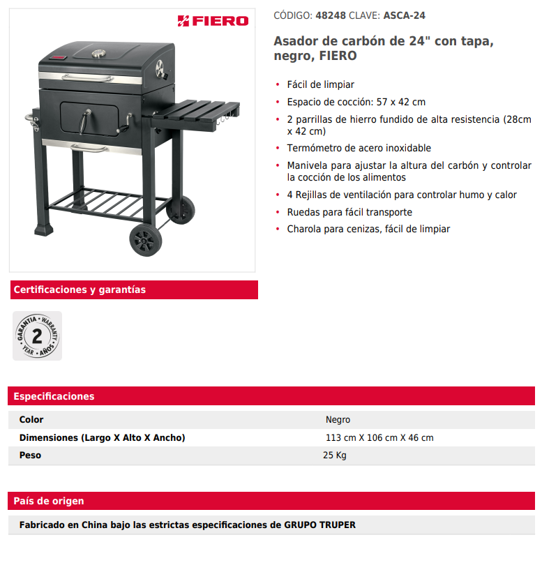 Asador de carbón de 24" con tapa, negro,  2 parrillas de hierro fundido  