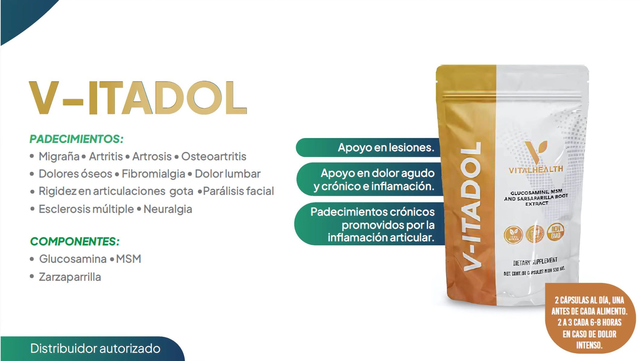 VITADOL VitalHealth – Suplemento Natural para Articulaciones y Músculos – 60 Cápsulas con Glucosamina, MSM y Zarzaparrilla