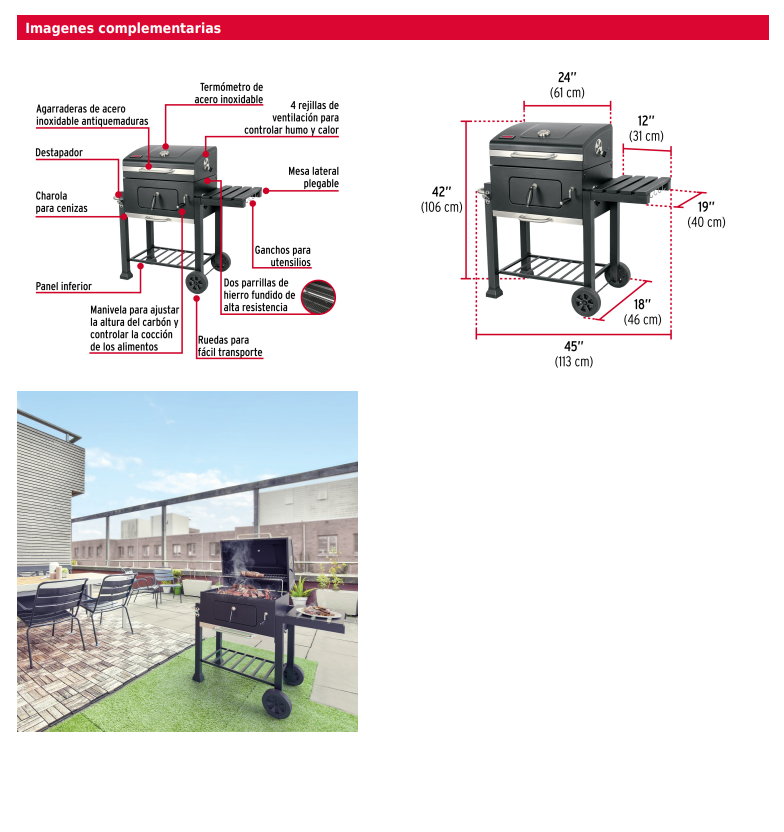 Asador de carbón de 24" con tapa, negro,  2 parrillas de hierro fundido  