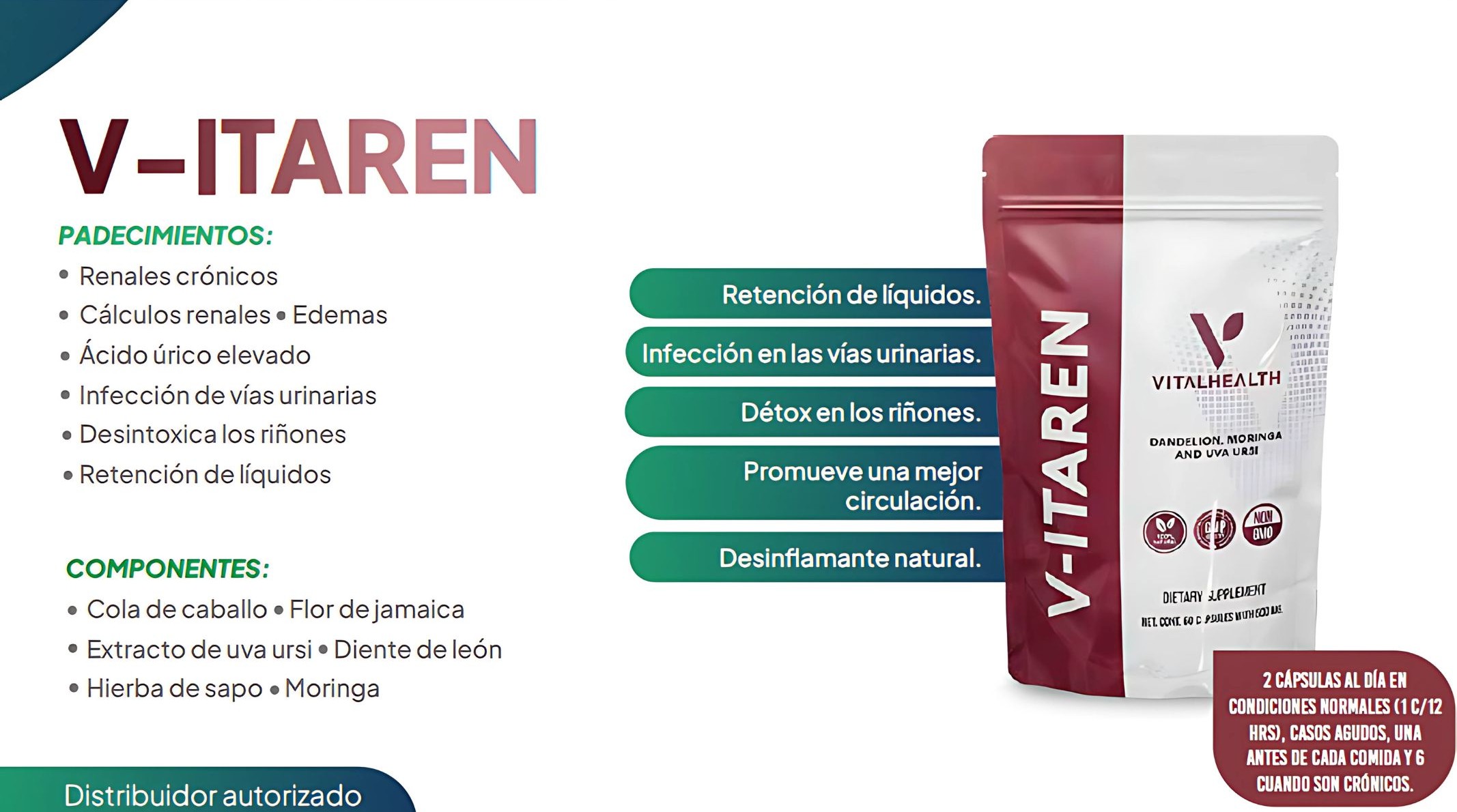 VITAREN Suplemento Detox Natural para Riñones y Vías Urinarias | 60 Cápsulas | Vida Natural y Apoyo Renal | VitalHealth