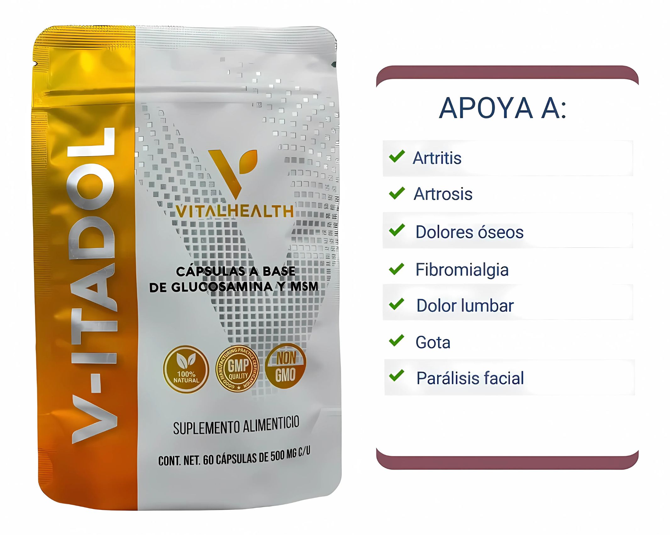 VITADOL VitalHealth – Suplemento Natural para Articulaciones y Músculos – 60 Cápsulas con Glucosamina, MSM y Zarzaparrilla