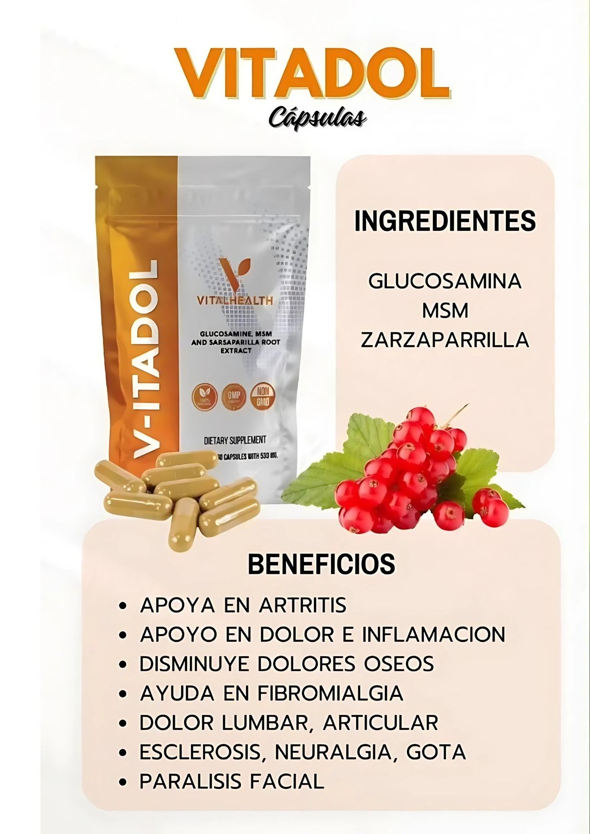 VITADOL VitalHealth – Suplemento Natural para Articulaciones y Músculos – 60 Cápsulas con Glucosamina, MSM y Zarzaparrilla