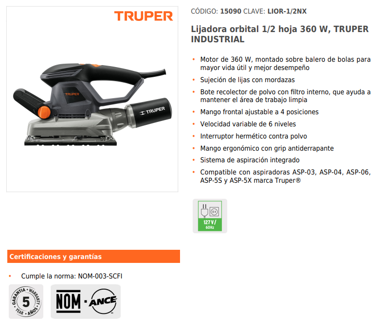 Lijadora orbital industrial 1/2 hoja 360 W, TRUPER 