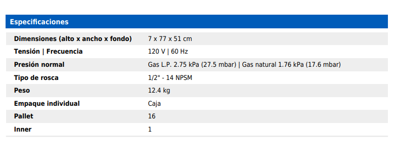 Parrilla gas empotrable de 5 quem, vidrio negro, Riviera medidas 7 x 77 x 51 cm