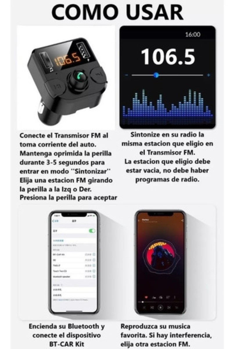 Cargador Receptor Bluetooth Fm Mp3 Estéreo negro