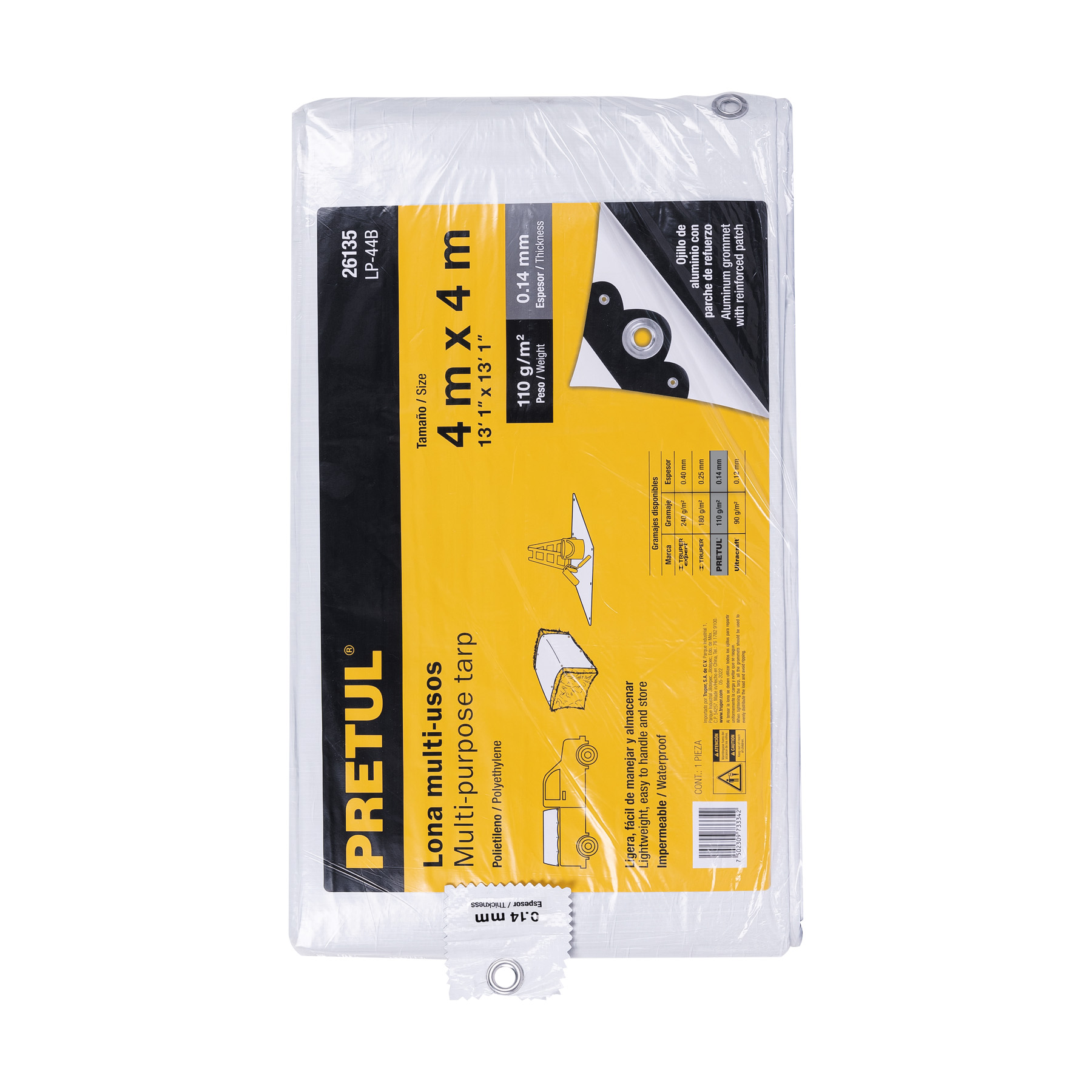 Lona impermeable 4 x 4 m, blanca, 110 g/m2, PRETUL,Multiusos, espesor 0.14 mm