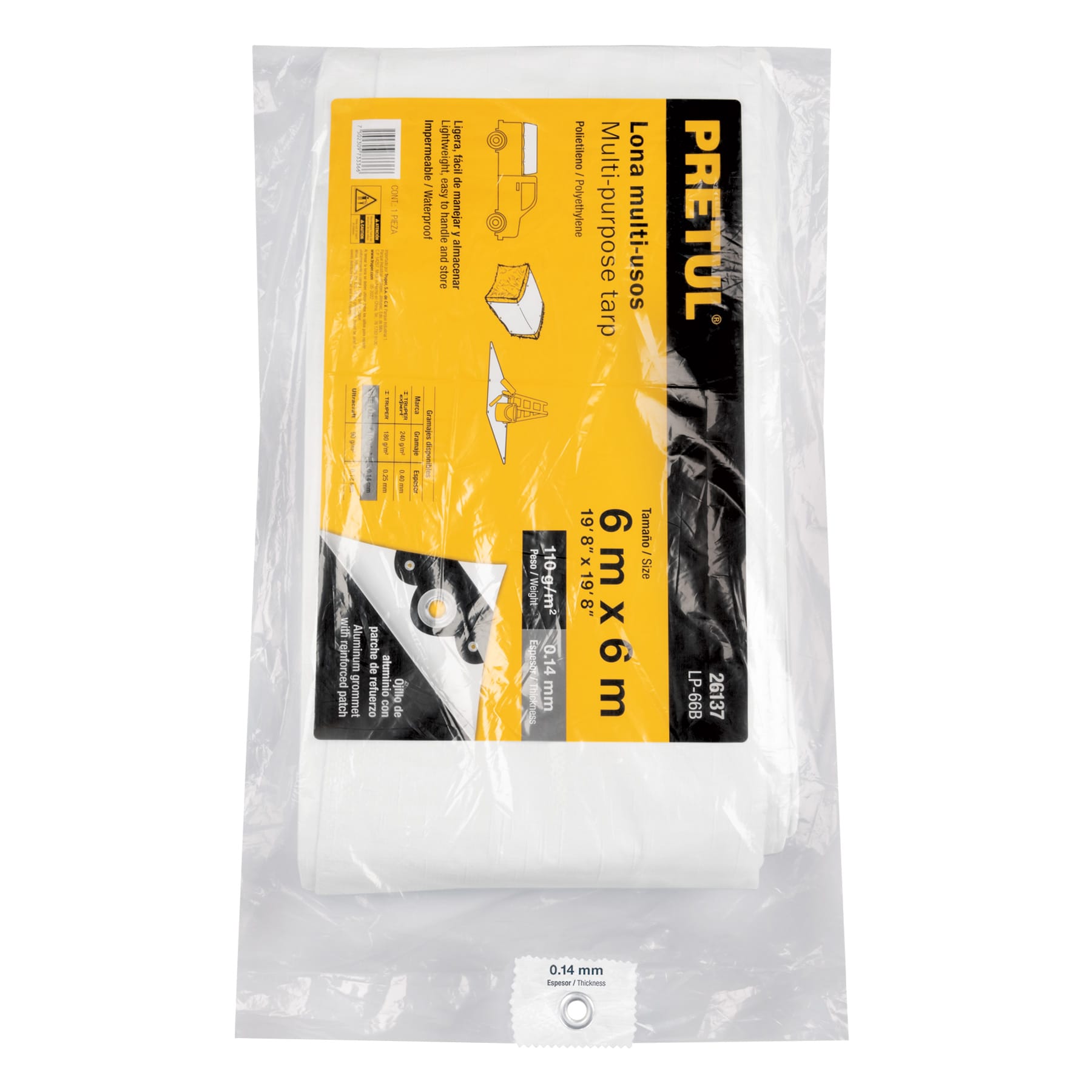 Lona impermeable 6 x 6 m, blanca, 110 g/m2, PRETUL, Multiusos, espesor 0.14 mm