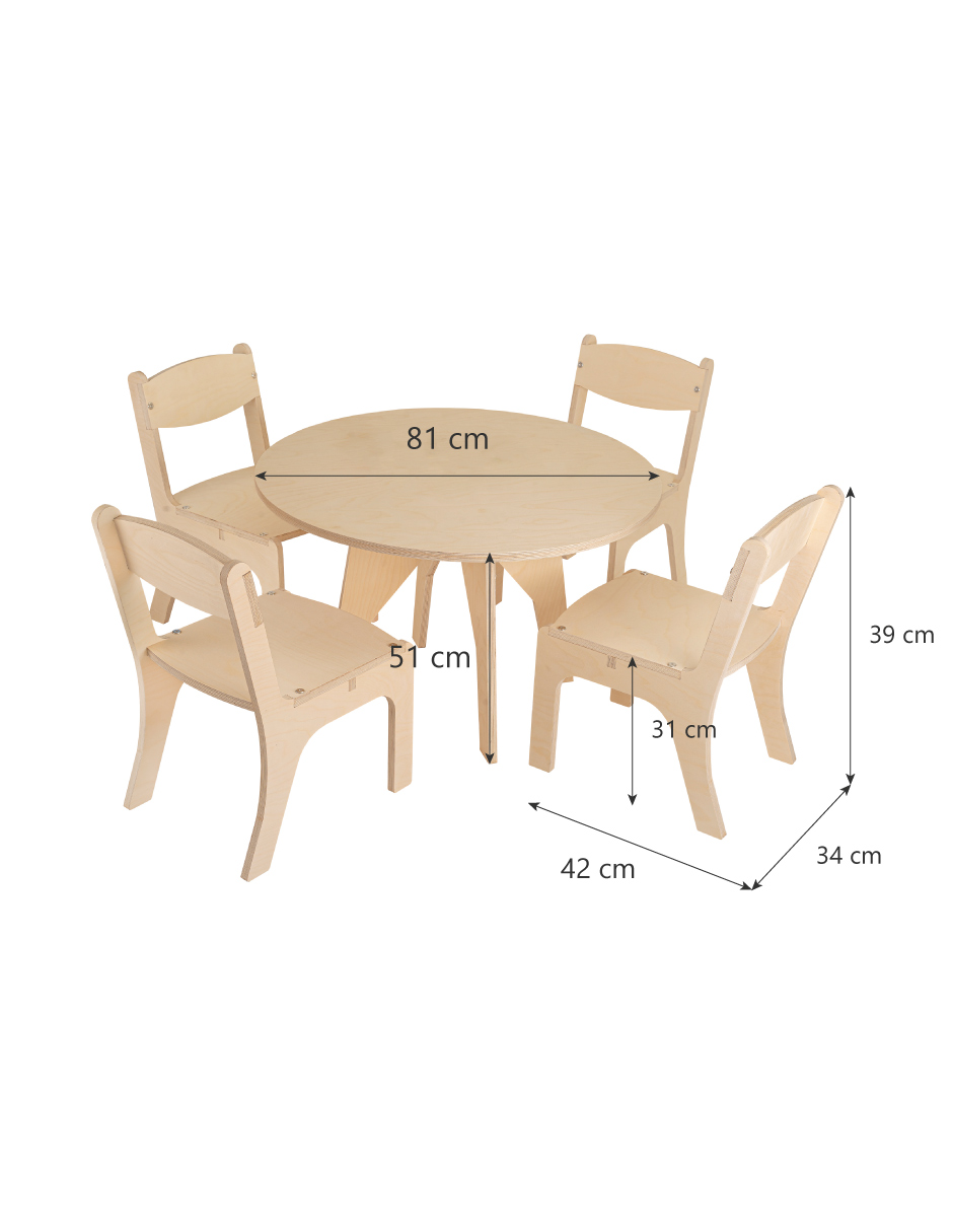 Mesa Infantil Circular con 4 Sillas de Abedul Natural  Diseño Seguro y Funcional - DUDUK