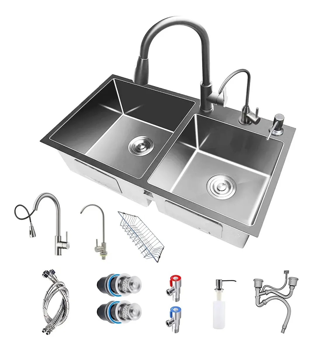 Fregadero De Cocina Tarja Doble Acero Inoxidable Organizador Bokoptyr 80*45*22cm Aplicación De Múltiples Escenarios Plateado Resistente al aceite y la suciedad