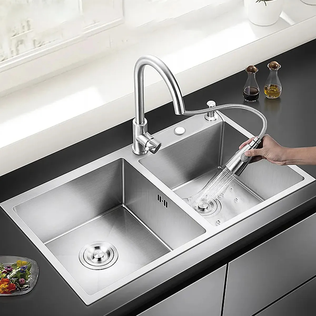 Fregadero De Cocina Tarja Doble Acero Inoxidable Organizador Bokoptyr 80*45*22cm Aplicación De Múltiples Escenarios Plateado Resistente al aceite y la suciedad