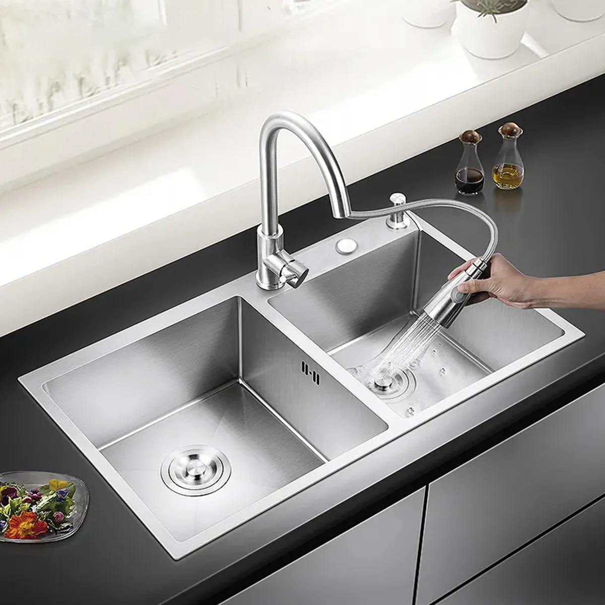 Fregadero De Cocina Tarja Doble Acero Inoxidable Organizador Bokoptyr 80*45*22cm Aplicación De Múltiples Escenarios Plateado Resistente al aceite y la suciedad