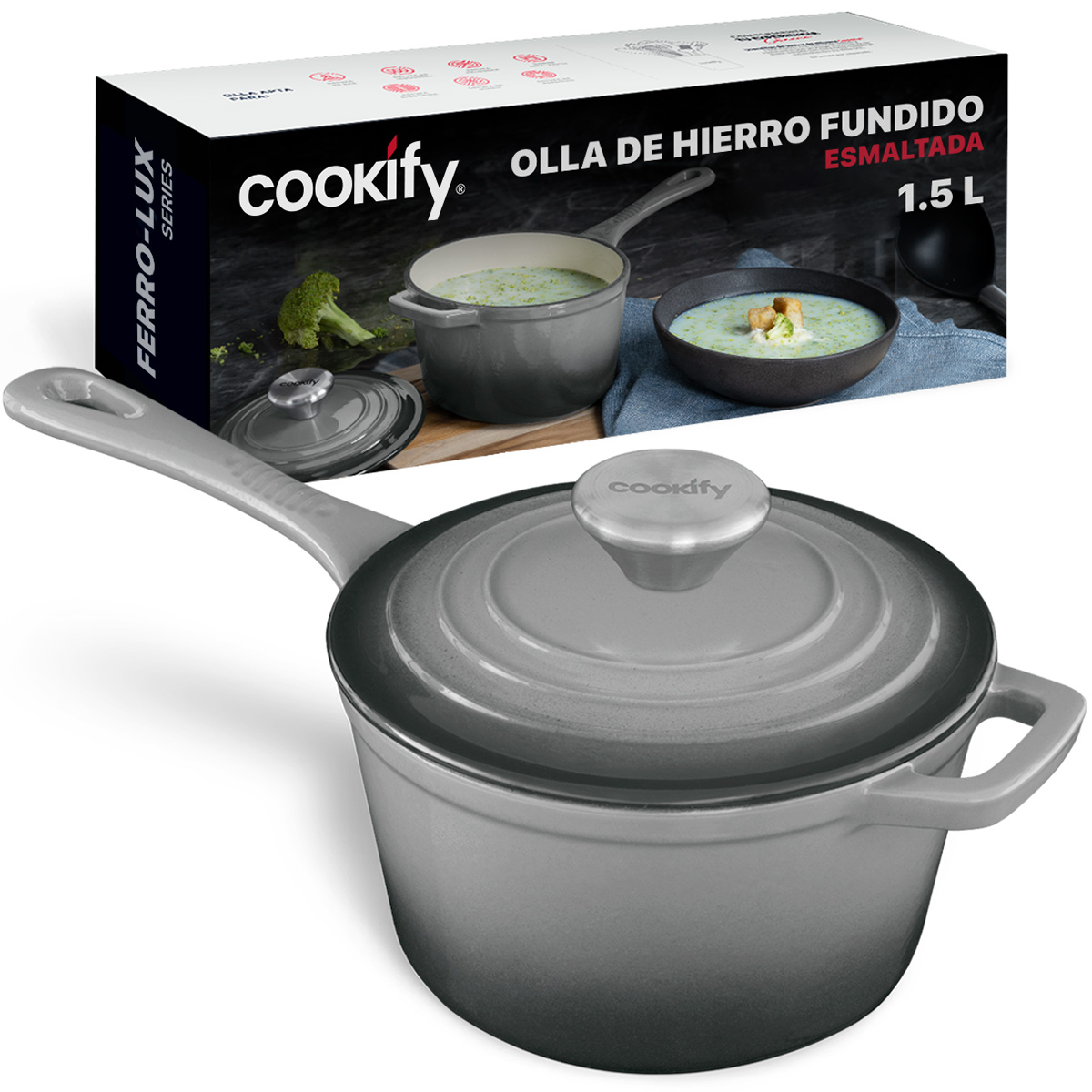 Olla de Hierro Fundido Esmaltado con Tapa 1.5 Lts Gris Cookify.