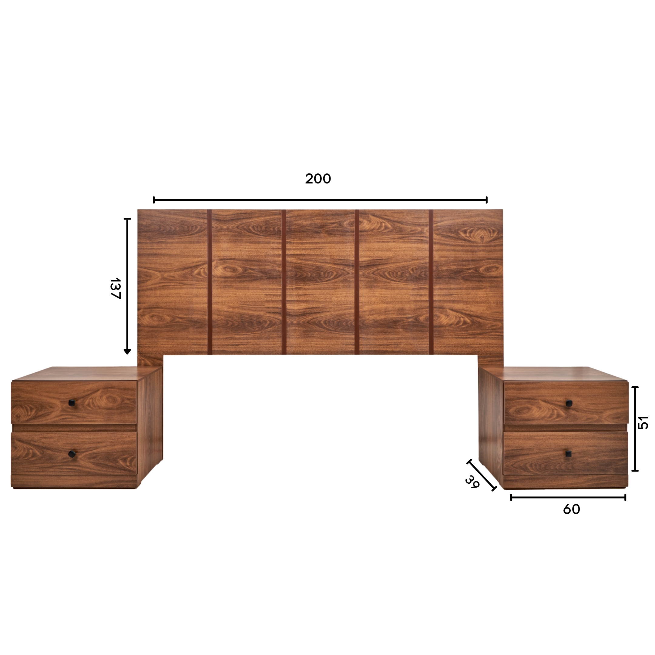 Cabecera King Size con 2 Burós de 2 Cajones Color Nogal - Madera MDF