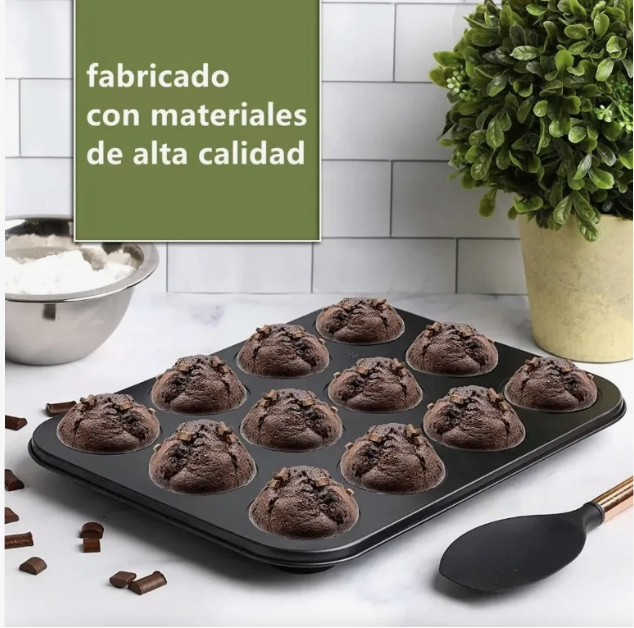 3 Moldes Charola 12 Cupcakes Acero Anti-adherente Repostería