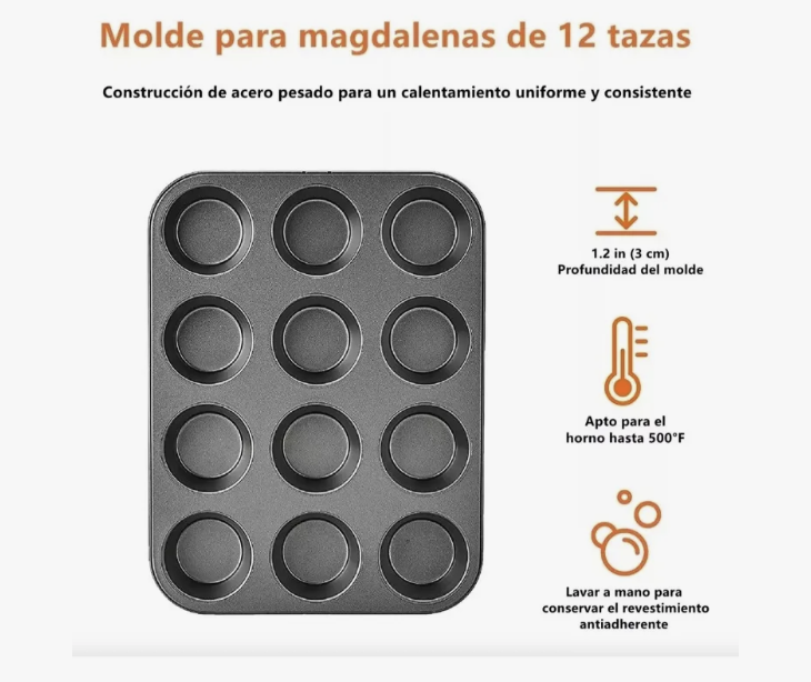 3 Moldes Charola 12 Cupcakes Acero Anti-adherente Repostería