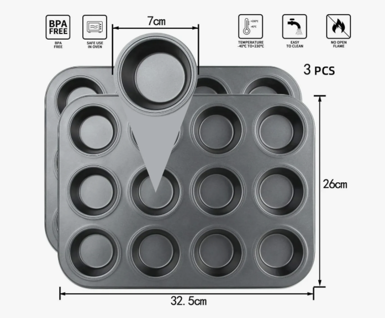 3 Moldes Charola 12 Cupcakes Acero Anti-adherente Repostería