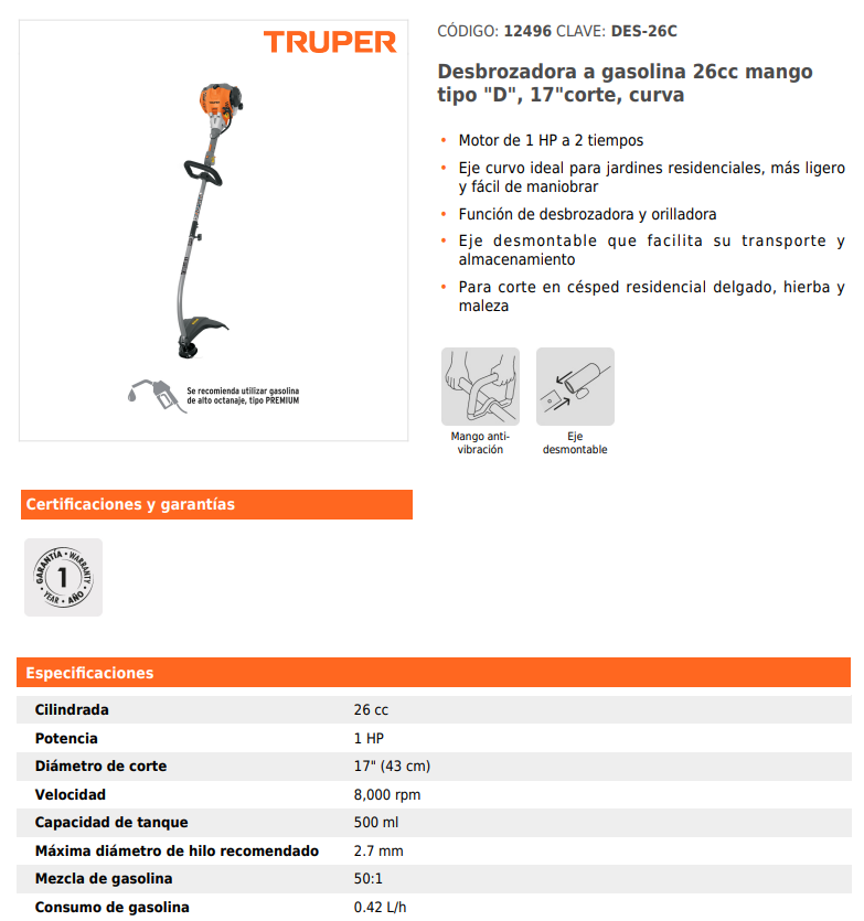 DESBROZADORA A GASOLINA TRUPER 26CC 17" MOSCO PARA CORTAR PODAR HIERBA PASTOS MALEZA