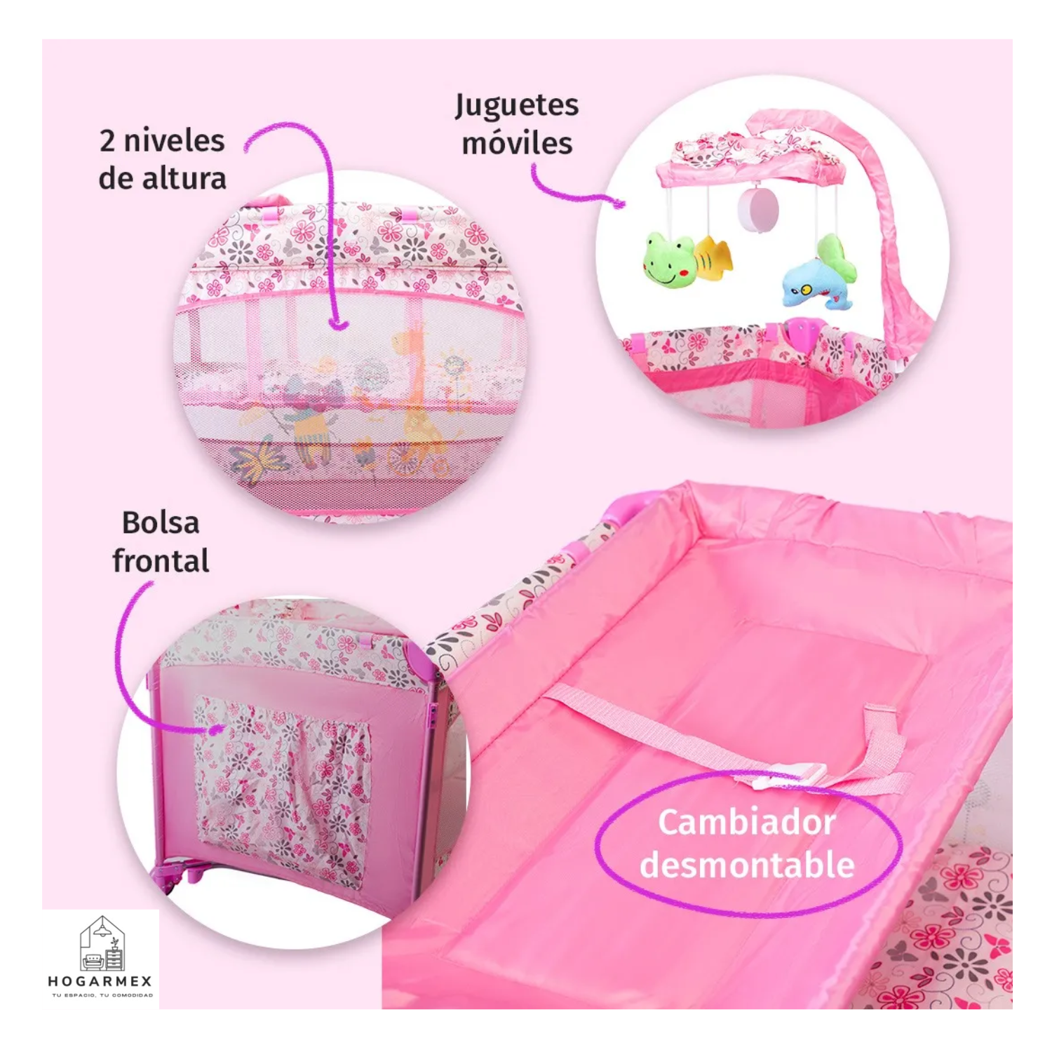 Cuna Corral Mecedor Para Bebé Con Cambiador Color Rosa