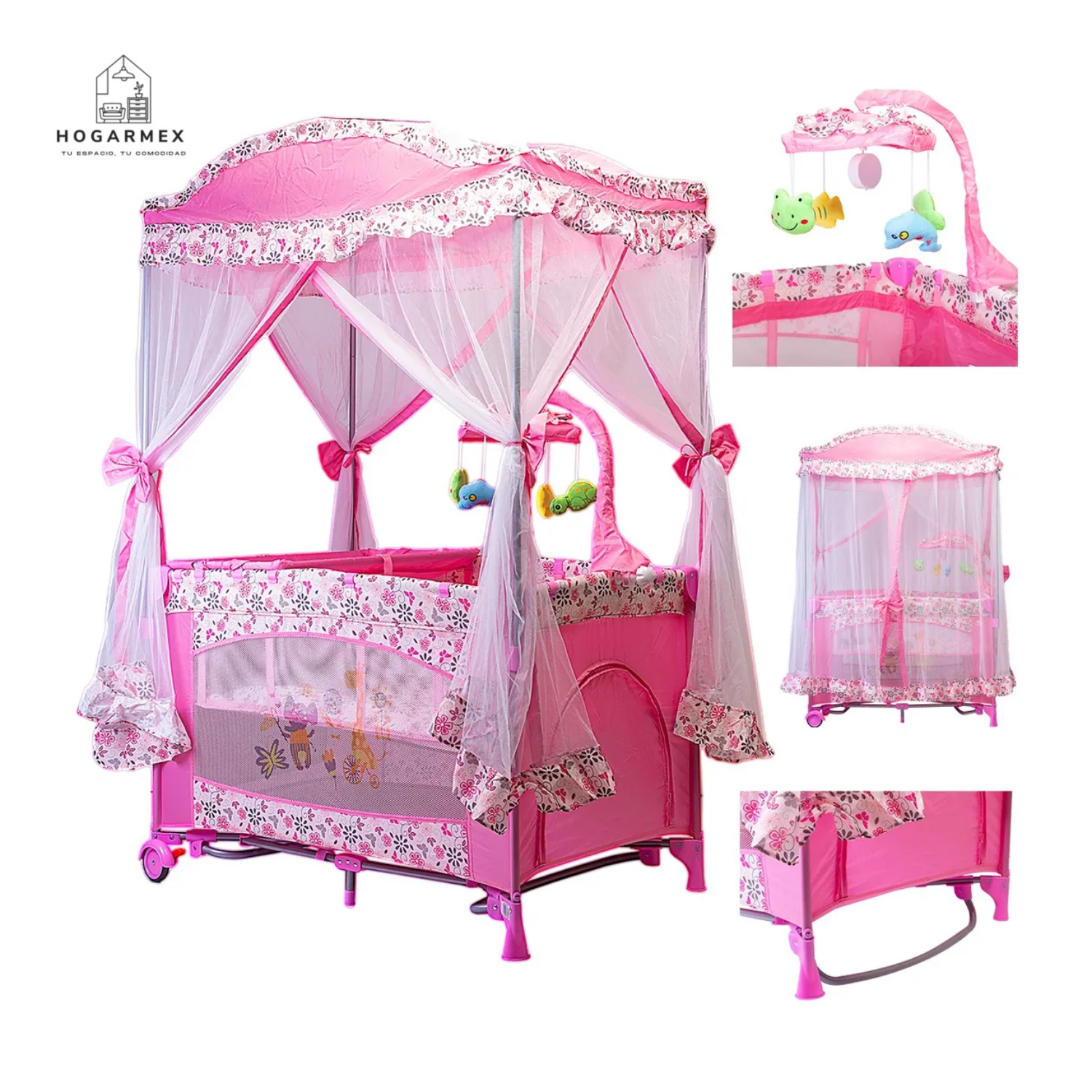 Cuna Corral Mecedor Para Bebé Con Cambiador Color Rosa