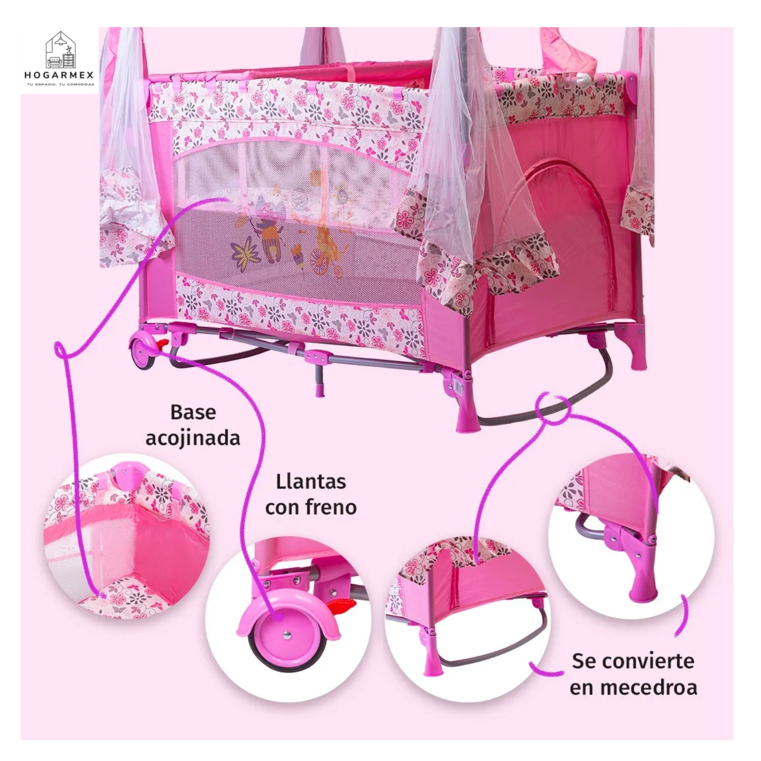 Cuna Corral Mecedor Para Bebé Con Cambiador Color Rosa