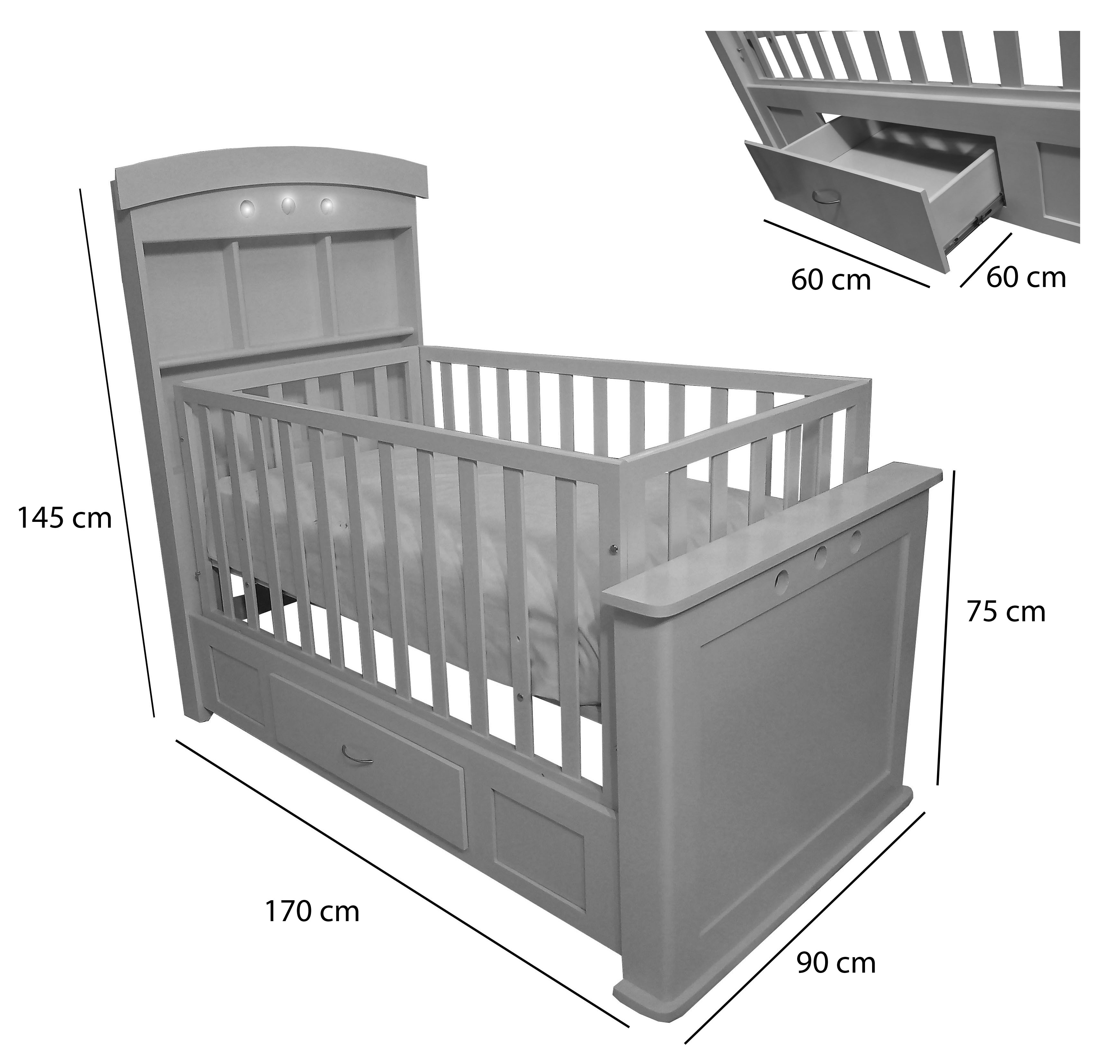 Cuna Cama De Madera Junior con Luz Magnolia y Cajon