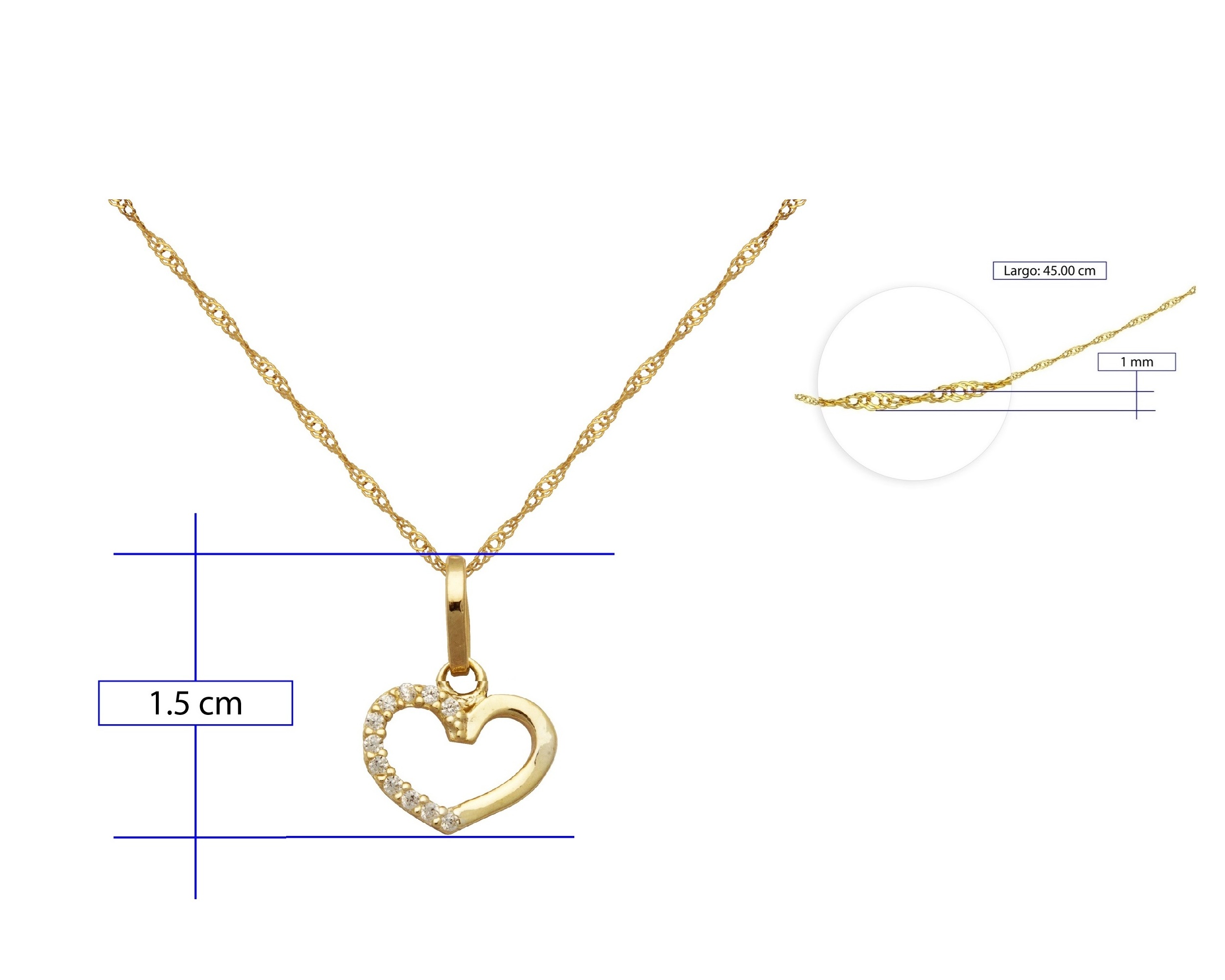 Collar Gargantilla Oro 14K Horoz Corazón con Circonias 45cm V12 S1040