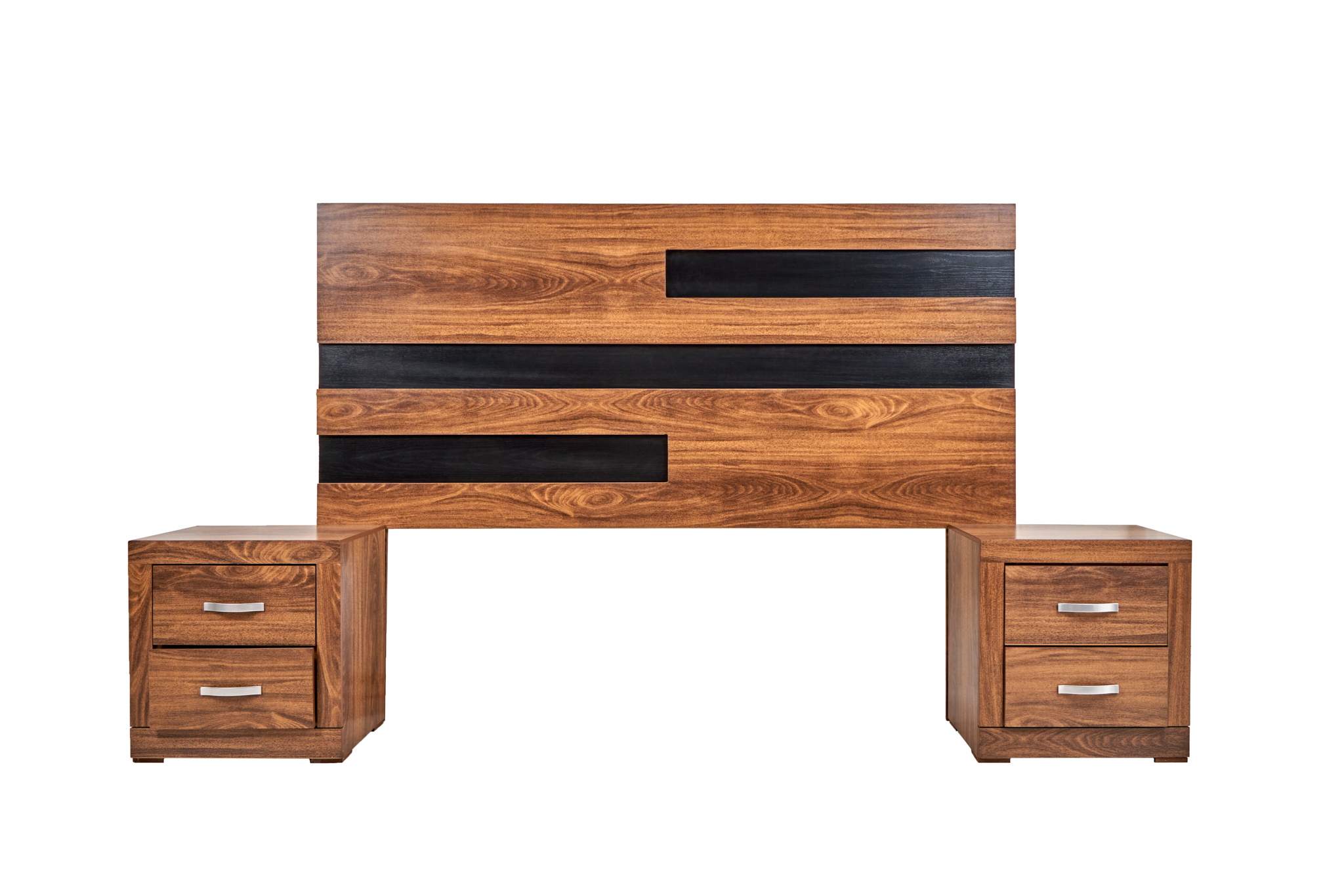Cabecera King Size con 2 Burós de 2 Cajones Color Nogal y Negro - Madera MDF