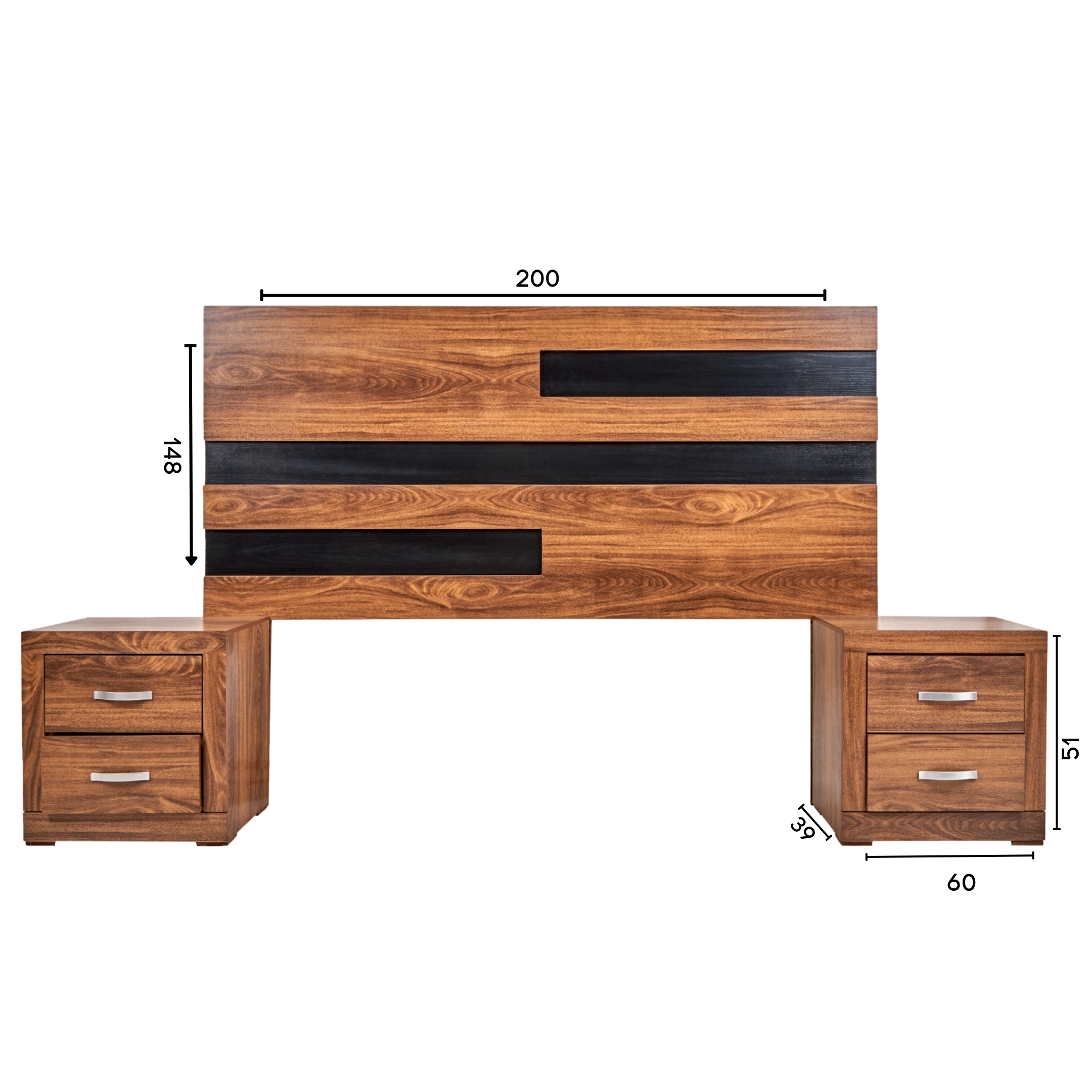 Cabecera King Size con 2 Burós de 2 Cajones Color Nogal y Negro - Madera MDF