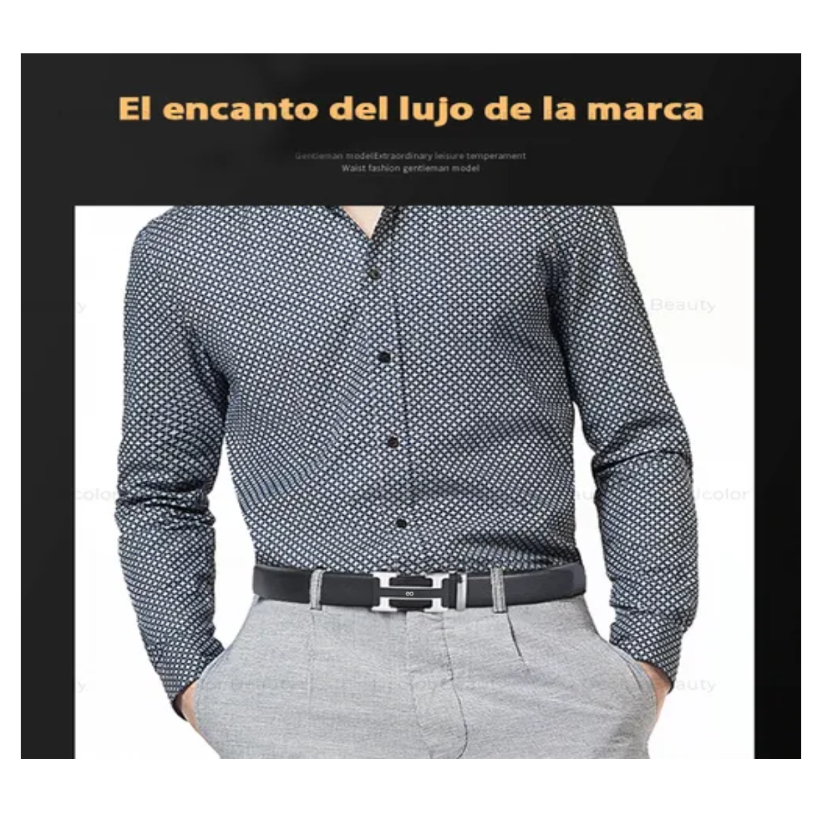 Cinto Negro De Elegante Cuero Hombre, Hebilla Automática 120cm Color Negro H