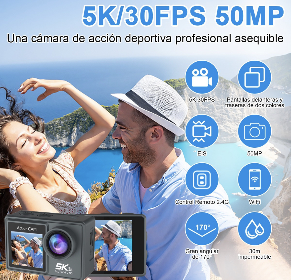 Cámara Deportiva Videocámara Sumergible 5k 50mp Hd Wifi