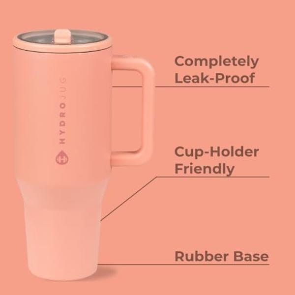 HydroJug Traveler - Botella de agua de 1,2 litros con asa y pajita abatible - Se adapta al portavasos, vaso resistente a fugas, base reutilizable de acero inoxidable y goma con ais