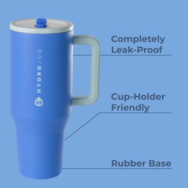 HydroJug Traveler - Botella de agua de 1,2 litros con asa y pajita abatible - Se adapta al portavasos, vaso resistente a fugas, base de acero inoxidable y goma con aislamiento reut