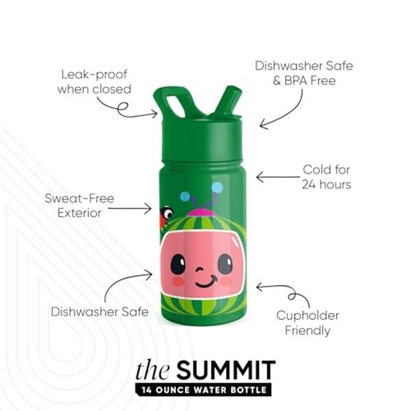 Botella de agua Summit para niños, sencilla y moderna, con tapa con pajita | Vaso térmico de acero inoxidable CoComelon de 14 oz para niños pequeños y escolares | CoComelon Sandía