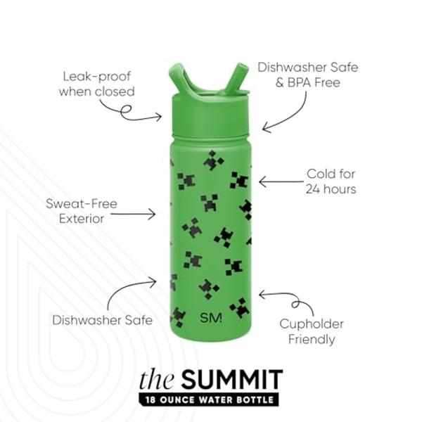 Botella de agua infantil Summit, sencilla y moderna, con tapa con pajita | Vaso térmico de acero inoxidable de 545 ml de Minecraft para niñas, niños y estudiantes | Minecraft Creep