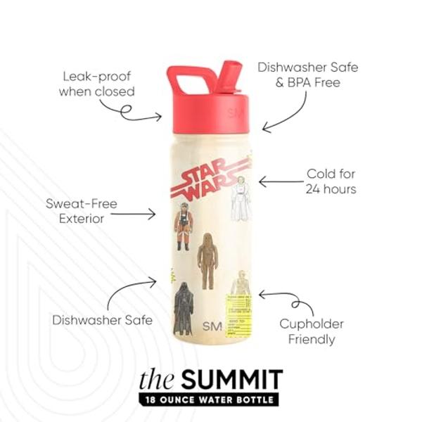 Botella de agua Summit para niños, sencilla y moderna, con tapa con pajita | Vaso térmico de acero inoxidable de 545 ml de Star Wars para niños y escuela | Estilo retro de Star War
