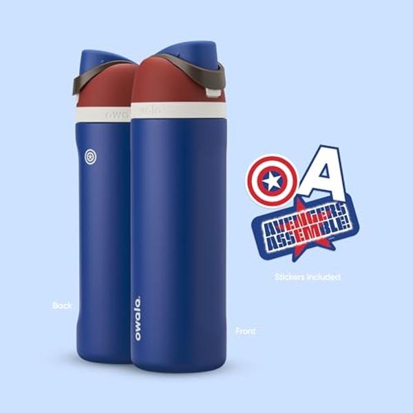 Botella de agua Owala Marvel FreeSip de acero inoxidable con aislamiento y pajita para deportes y viajes, sin BPA, 717 ml, Capitán América