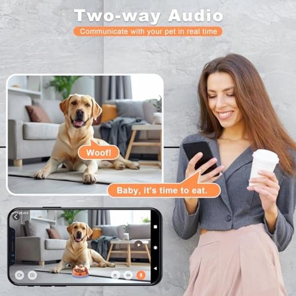 Cámara de seguridad para mascotas Fexfor 2K, con seguimiento y monitoreo de mascotas con IA en el dispositivo, vista de 360°, dispensador de premios, almacenamiento local, audio bi