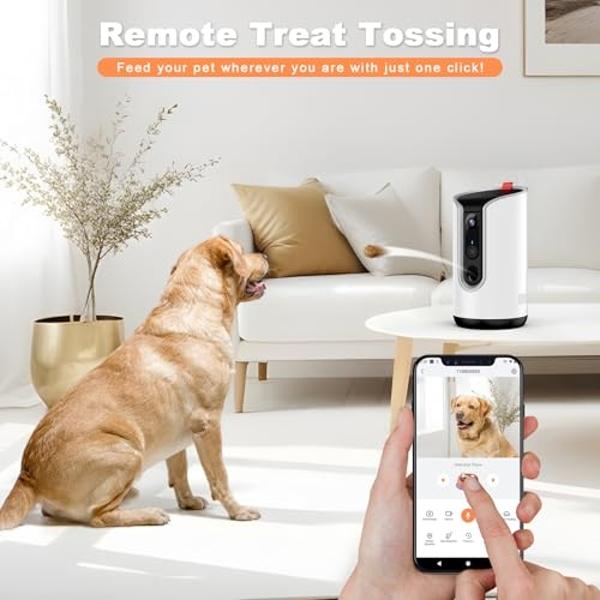 Cámara de seguridad para mascotas Fexfor 2K, con seguimiento y monitoreo de mascotas con IA en el dispositivo, vista de 360°, dispensador de premios, almacenamiento local, audio bi