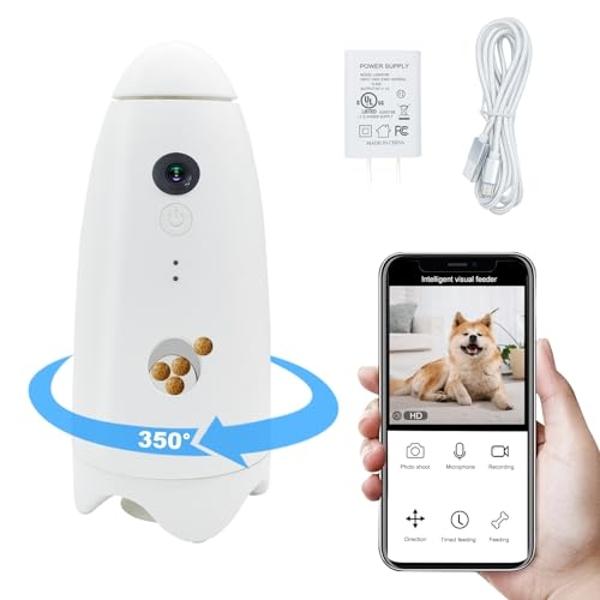 Caichuxiye - Dispensador de premios para mascotas, cámara 360 para perros, HD 1080p, monitoreo remoto, visión nocturna automática, audio bidireccional, apto para perros y gatos